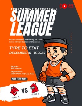 Preview of Basketball Summer League Game (4) Flyers - Customize your Flyer -Ready to Edit!