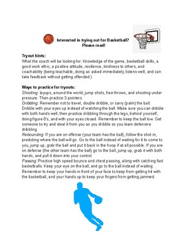 Preview of Basketball Tryout Prep Sheet