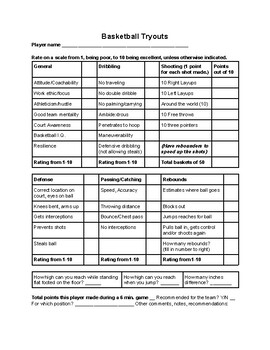 Preview of Basketball Tryout Sheet