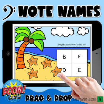 Preview of Bass Clef Note Names - Interactive Drag and Drop Music Theory Game- Beach theme