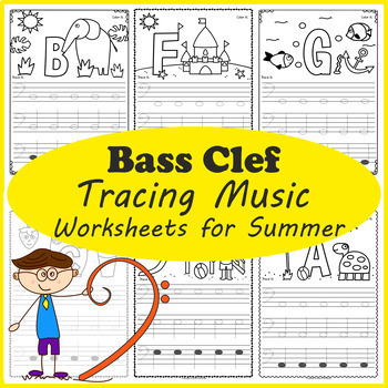 Preview of Bass Clef Notes | Tracing Music Worksheets for Summer | Drawing Music Notes