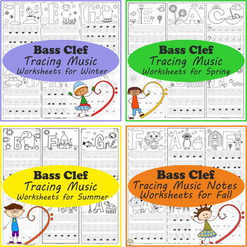 Preview of Bass Clef Tracing Music Worksheets Seasons Bundle | Drawing Music Notes