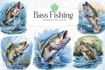 Watercolor Bass Fishing Clipart, Fishing Clipart Bundle, Fishing