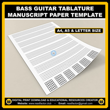 Preview of Bass Guitar Tablature Manuscript Paper Template - A4, A5 & Letter Size