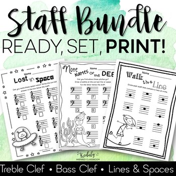 Preview of Music Worksheets - Staff Bundle (great for Distance Learning)