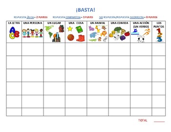 Basta (Scattergories) game for Spanish class