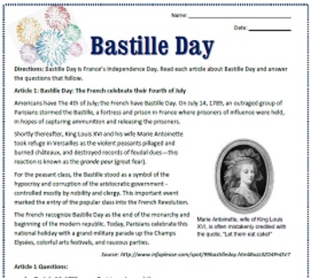 Preview of Bastille Day: Reading, Activities & Substitute Plan for French Class