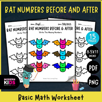 Preview of Bat Numbers Before and After - Basic Math Worksheet