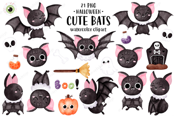 Preview of Bats Clipart, Halloween Watercolor Clipart, Cute bat, Bat clipart
