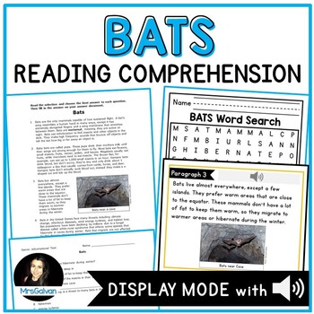 Preview of Bats Reading Comprehension Passage with Audio Read Aloud
