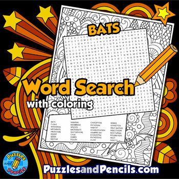 Preview of Bats Word Search Puzzle Activity Page with Coloring | Halloween Puzzle