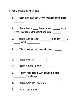 Preview of Bats: sentence starters/missing words for students to fill in. Cloze.
