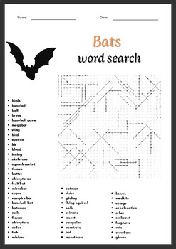 Bats word search Puzzle worksheet activities for kids | TPT