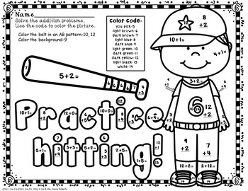 batter up baseball fun color by code addition sums 0 20