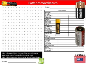 Batteries Wordsearch Puzzle Sheet Keywords Science Chemistry Energy Physics
