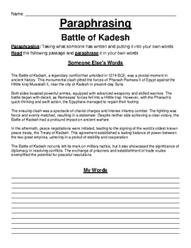Battle of Kadesh Paraphrasing Worksheet by Academic Links TPT