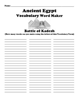 Battle of Kadesh Word Maker Vocabulary Worksheet by BAC Education