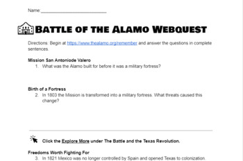 Preview of Battle of the Alamo Webquest