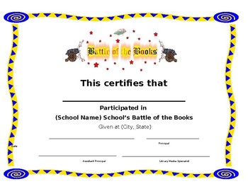 Preview of Battle of the Books Certificate of Participation