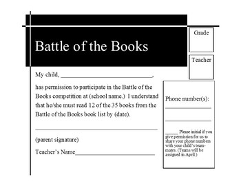Preview of Battle of the Books Sign-up Card