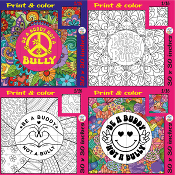 Preview of Be A Buddy Not A Bully Collaborative Coloring Poster, Mental Health Bundle