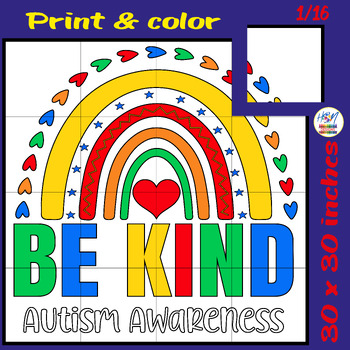 Preview of Be Kind Autism Day Mental Health Collaborative Coloring Poster Bulletin Board