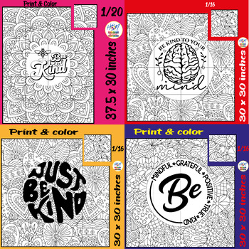 Preview of Be Kind Collaborative Coloring Posters Bundle - Mental Health Crafts Class Decor