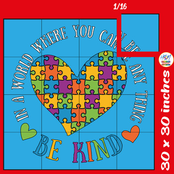 Preview of Be Kind Puzzle Heart Autism Collaborative Coloring Poster Mental Health Activity