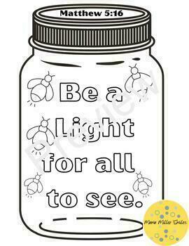 Preview of Be Light for All See Matthew 5:16 Color Page Bible Verse Light Bug Firefly Jar  