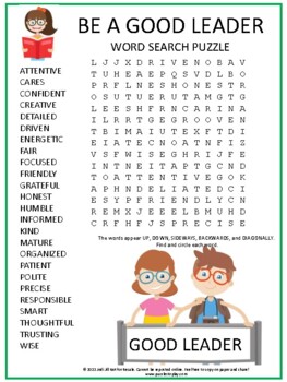 Preview of Be a Good Leader Word Search Puzzle | Leadership & Role Model Activity Game