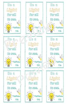 Preview of Be a Light for All to See Matthew 5:16 Gift Tag Bible Verse Firefly Light Bulb