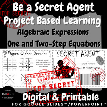 Preview of Algebra Project Based Learning Algebraic Expressions Equations Be a Secret Agent