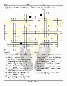 beach activities things crossword puzzle by english and spanish language ideas