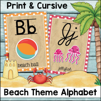 Preview of Beach Theme Classroom Decor Cursive and Print Alphabet Posters with Pictures