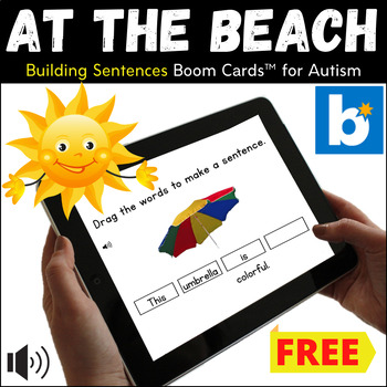 Preview of Summer BOOM CARDS™ | Beach Building Sentences Speech Therapy Activity FREE