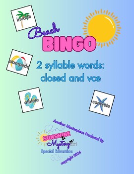 Preview of Beach Bingo! 2 syllable words: closed + vce Orton Gillingham phonics