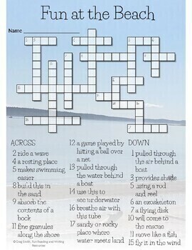 Beach Crossword Puzzle Distance Learning by Fun Reading and Writing