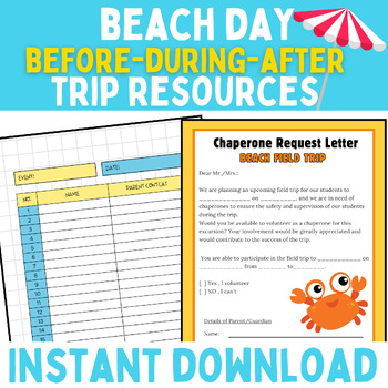 Preview of Beach Day Field Trip Forms : Permission slip, Chaperone letter, Tracking & More