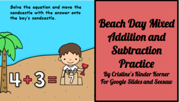 Preview of Beach Day Mixed Addition and Subtraction Practice for Google Slides and Seesaw