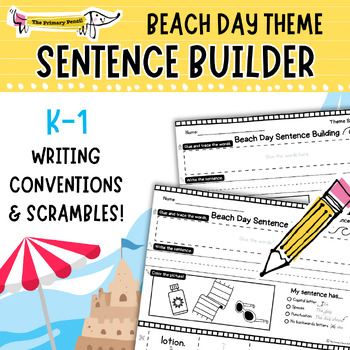 Preview of Beach Day! Sentence Building Center Pack | Cut & Glue Summer Writing Activity