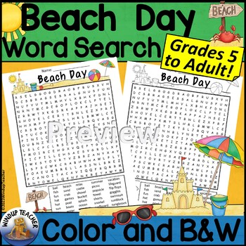 Preview of Beach Day Word Search Activity Printable Hard for Grades 5 to Adult