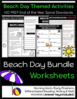 Preview of Beach Day Worksheet Bundle PRINT & GO (ELA & Math)