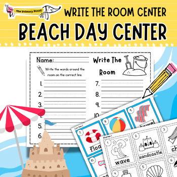 Preview of Beach Day Write The Room Word Hunt Center | Summer Handwriting & Vocabulary K-2