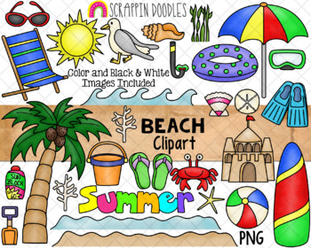 Preview of Beach ClipArt - Summer Vacation - Sand Castle - Surf Board PNG