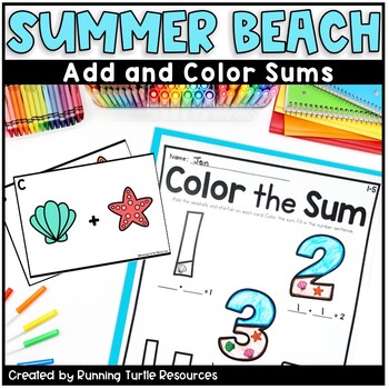 Preview of Beach Math Summer Addition Count and Color Kindergarten Math