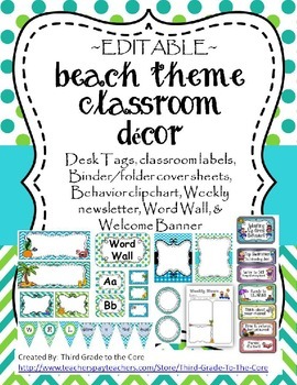 Preview of Beach / Ocean Theme Classroom Decor - Editable