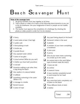 Beach Scavenger Hunt by Ms G's Teaching Ideas | Teachers Pay Teachers