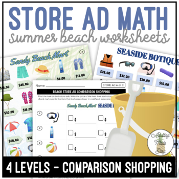 Preview of Beach Store Ad Math Comparison Shopping Worksheets