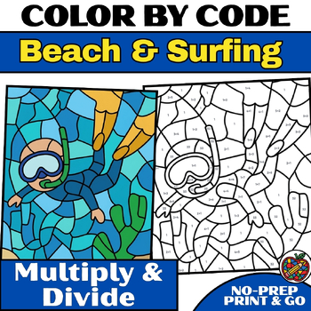 Preview of Beach & Surfing Color By Number Multiplication & Division Worksheets Summer Math