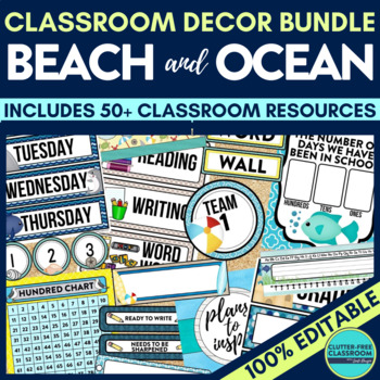 Preview of BEACH Classroom Decor Bundle OCEAN Theme Decorations coastal by the sea editable